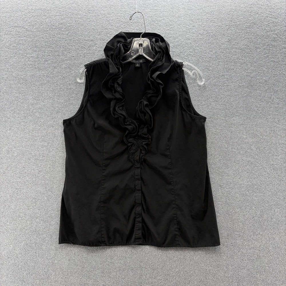 Lafayette 148 NY Blouse Women 8 Black Ruffle V Neck Sleeveless Button Top Office